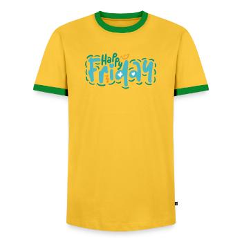 Happy Friday Fun Quote Positive Vibes Design - Men's Ringer Shirt - yellow/green  - Front - AI Model Female 172 light (172cm) & AI Model Male 178 dark (178cm)