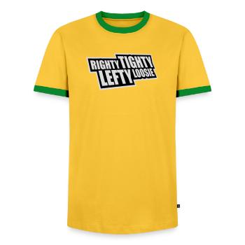 Righty Tighty Lefty Loosie Funny DIY Logo - Men's Ringer Shirt - yellow/green  - Front - AI Model Female 172 light (172cm) & AI Model Male 178 dark (178cm)