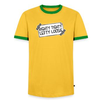 Righty Tighty Lefty Loosie Funny DIY Logo - Men's Ringer Shirt - yellow/green  - Front - AI Model Female 172 light (172cm) & AI Model Male 178 dark (178cm)