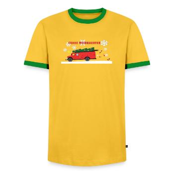 Feuerwehr Weihnachtsbaum Truck - Männer Kontrast-T-Shirt - Gelb/Grün  - Vorne - AI Model Female 172 light (172cm) & AI Model Male 178 dark (178cm)
