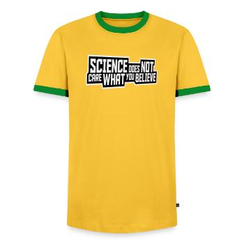 Science Does Not Care What You Believe Facts Logo - Men's Ringer Shirt - yellow/green  - Front - AI Model Female 172 light (172cm) & AI Model Male 178 dark (178cm)
