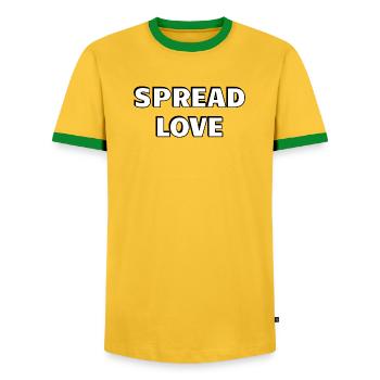 Spread Love Bold Black White Typography - Men's Ringer Shirt - yellow/green  - Front - AI Model Female 172 light (172cm) & AI Model Male 178 dark (178cm)