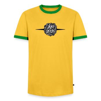 Jga 2026 Bachelor Party - Men's Ringer Shirt - yellow/green  - Front - AI Model Female 172 light (172cm) & AI Model Male 178 dark (178cm)