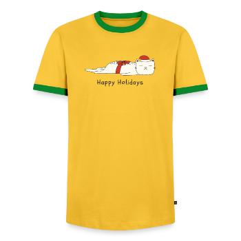 Funny cat Christmas - Men's Ringer Shirt - yellow/green  - Front - AI Model Female 172 light (172cm) & AI Model Male 178 dark (178cm)