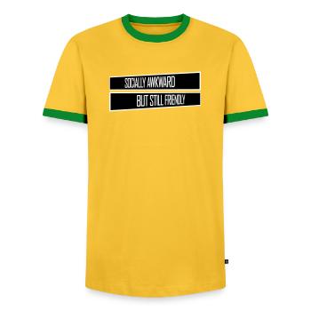 Socially Awkward But Still Friendly Lustig Spruch - Männer Kontrast-T-Shirt - Gelb/Grün  - Vorne - AI Model Female 172 light (172cm) & AI Model Male 178 dark (178cm)