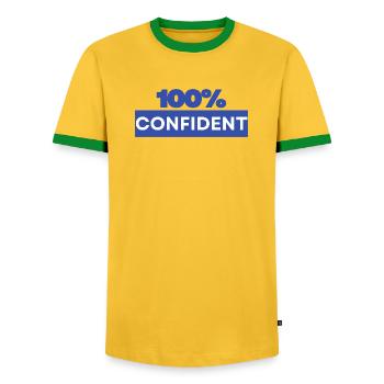 100% confident - Men's Ringer Shirt - yellow/green  - Front - AI Model Female 172 light (172cm) & AI Model Male 178 dark (178cm)