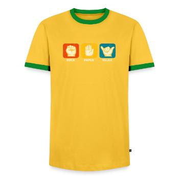 Stein Papier Entspann dich, bleib locker, lustiger - Männer Kontrast-T-Shirt - Gelb/Grün  - Vorne - AI Model Female 172 light (172cm) & AI Model Male 178 dark (178cm)