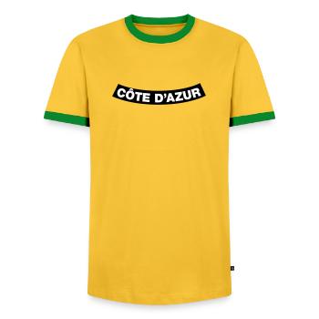Côte D'Azur Chapter Element (Bachelor Party MC Rocker Design) - Men's Ringer Shirt - yellow/green  - Front - AI Model Female 172 light (172cm) & AI Model Male 178 dark (178cm)