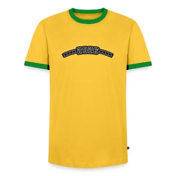 2026 Outline - Men's Ringer Shirt - yellow/green  - Front - AI Model Female 172 light (172cm) & AI Model Male 178 dark (178cm)