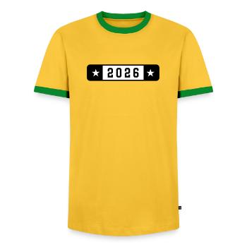 2026 - Men's Ringer Shirt - yellow/green  - Front - AI Model Female 172 light (172cm) & AI Model Male 178 dark (178cm)