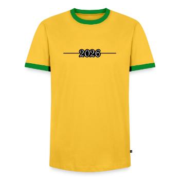 2026 Line - Men's Ringer Shirt - yellow/green  - Front - AI Model Female 172 light (172cm) & AI Model Male 178 dark (178cm)