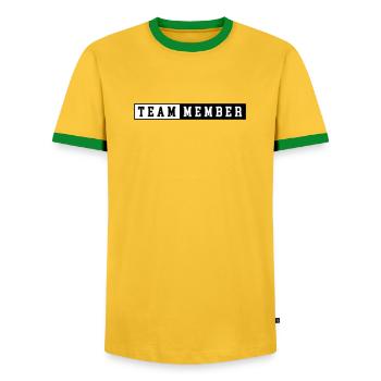 Team Member - Men's Ringer Shirt - yellow/green  - Front - AI Model Female 172 light (172cm) & AI Model Male 178 dark (178cm)