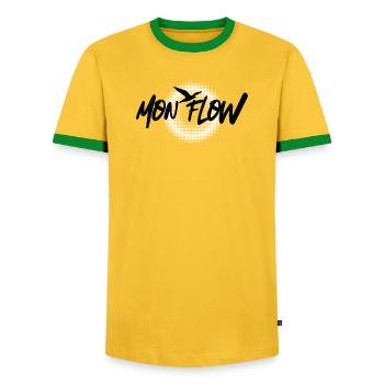 Mon Flow – Freiheit & Flow im modernen Design - Männer Kontrast-T-Shirt - Gelb/Grün  - Vorne - AI Model Female 172 light (172cm) & AI Model Male 178 dark (178cm)