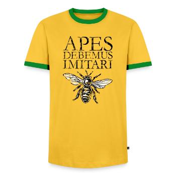 APES DEBEMUS IMITARI Imkerei Imker Spruch - Männer Kontrast-T-Shirt - Gelb/Grün  - Vorne - AI Model Female 172 light (172cm) & AI Model Male 178 dark (178cm)