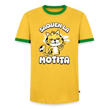 Cat with Guitar Motita - Men's Ringer Shirt - yellow/green  - Front - AI Model Female 172 light (172cm) & AI Model Male 178 dark (178cm)