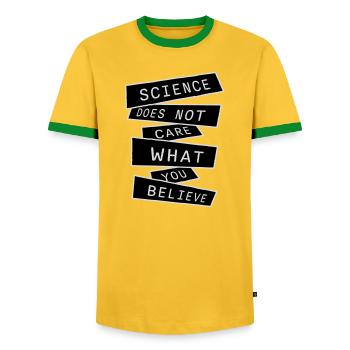 Science Does Not Care What You Believe Facts Logo - Men's Ringer Shirt - yellow/green  - Front - AI Model Female 172 light (172cm) & AI Model Male 178 dark (178cm)