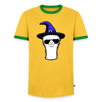 Lama Cool Witch Hat Sunglasses Halloween Alpaca - Men's Ringer Shirt - yellow/green  - Front - AI Model Female 172 light (172cm) & AI Model Male 178 dark (178cm)