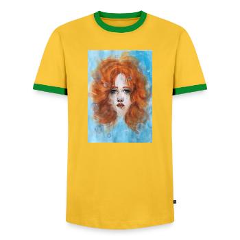 Redhead Woman Portrait Mermaid with Bubbles - Men's Ringer Shirt - yellow/green  - Front - AI Model Female 172 light (172cm) & AI Model Male 178 dark (178cm)