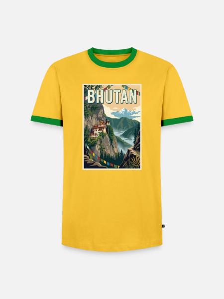 Erleben Sie die Berglandschaften Bhutans - Männer Kontrast-T-Shirt - Gelb/Grün