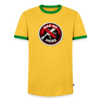 War No More – Sticker Peace & Humanity - T-shirt contrasté Homme - jaune/vert  - Devant - AI Model Female 172 light (172cm) & AI Model Male 178 dark (178cm)