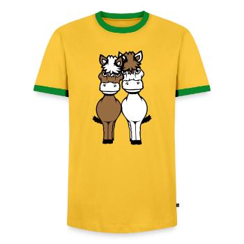 2 Pferde Mann Frau Liebespaar Freunde Liebe Team - Männer Kontrast-T-Shirt - Gelb/Grün  - Vorne - AI Model Female 172 light (172cm) & AI Model Male 178 dark (178cm)