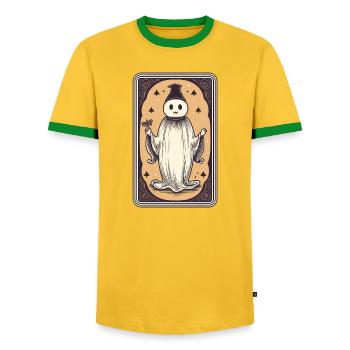 Happy Mind Tarot Card - Men's Ringer Shirt - yellow/green  - Front - AI Model Female 172 light (172cm) & AI Model Male 178 dark (178cm)