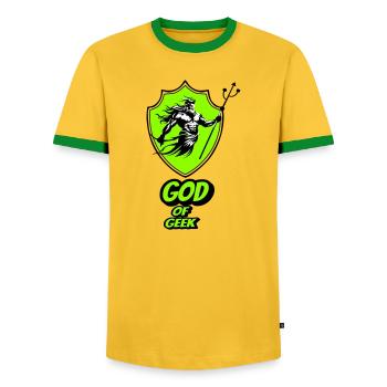 God of geek - Men's Ringer Shirt - yellow/green  - Front - AI Model Female 172 light (172cm) & AI Model Male 178 dark (178cm)