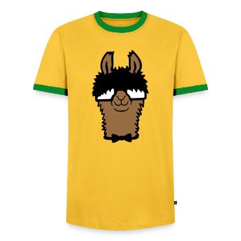 Llama Nerd Geek Hornglasses Bow Tie Funny Alpaca Cute - Men's Ringer Shirt - yellow/green  - Front - AI Model Female 172 light (172cm) & AI Model Male 178 dark (178cm)