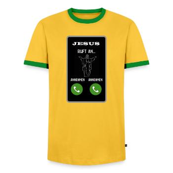 Jesus ruft an - Männer Kontrast-T-Shirt - Gelb/Grün  - Vorne - AI Model Female 172 light (172cm) & AI Model Male 178 dark (178cm)