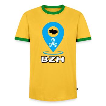 Triskel Breizh Blue - Men's Ringer Shirt - yellow/green  - Front - AI Model Female 172 light (172cm) & AI Model Male 178 dark (178cm)