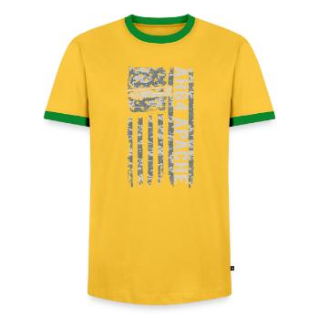 AH-64 Apache helicopter with American flag - Men's Ringer Shirt - yellow/green  - Front - AI Model Female 172 light (172cm) & AI Model Male 178 dark (178cm)