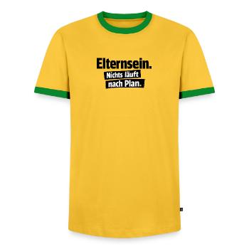 Nothing goes according to plan - Men's Ringer Shirt - yellow/green  - Front - AI Model Female 172 light (172cm) & AI Model Male 178 dark (178cm)