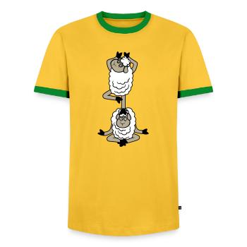 Sheep Tired Sleepy Yoga Stacked Balance Medita - Men's Ringer Shirt - yellow/green  - Front - AI Model Female 172 light (172cm) & AI Model Male 178 dark (178cm)