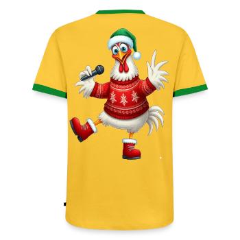 Holiday Singing Hen Sweater - Men's Ringer Shirt - yellow/green  - Back - AI Model Male 178 dark (178cm)