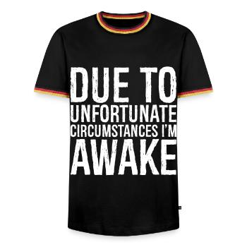 aufgrund unglücklicher Umstände bin ich wach - Männer Kontrast-T-Shirt - Schwarz/Dreifarbig - Vorne - AI Model Male 178 light (178cm) & AI Model Male 185 light (185cm)