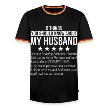 5 choses à savoir sur mon mari - T-shirt contrasté Homme - noir/tricolore - Devant - AI Model Male 178 light (178cm) & AI Model Male 185 light (185cm)