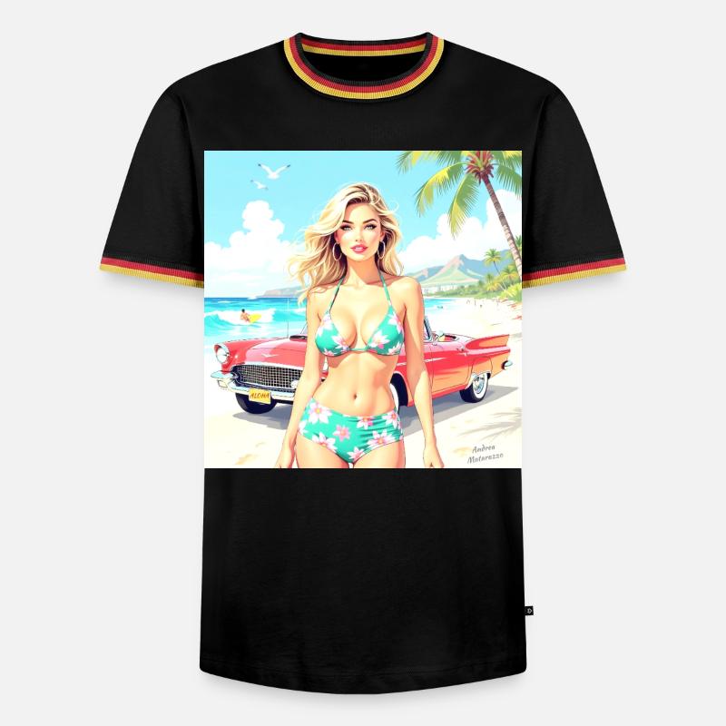 Frau am Strand mit Oldtimer - Männer Kontrast-T-Shirt - Schwarz/Dreifarbig