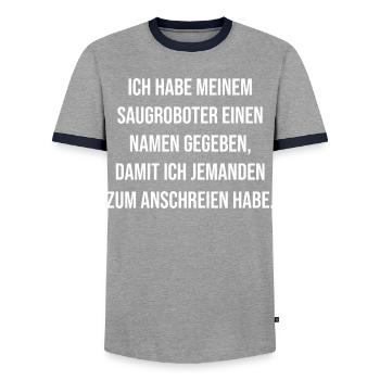 Saugroboter Namenswitz zum Anschreien - Männer Kontrast-T-Shirt - Grau/Navy  - Vorne - AI Model Female 172 light (172cm) & AI Model Male 178 light (178cm)