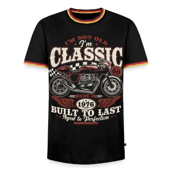 1976 Jahrgang Geburtstag Motorrad Geschenk - Männer Kontrast-T-Shirt - Schwarz/Dreifarbig - Vorne - AI Model Male 178 light (178cm) & AI Model Male 185 light (185cm)