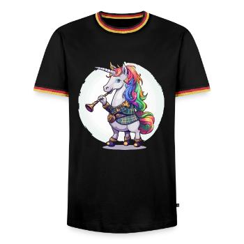 Buntes Einhorn mit Trompete - Männer Kontrast-T-Shirt - Schwarz/Dreifarbig - Vorne - AI Model Male 178 light (178cm) & AI Model Male 185 light (185cm)