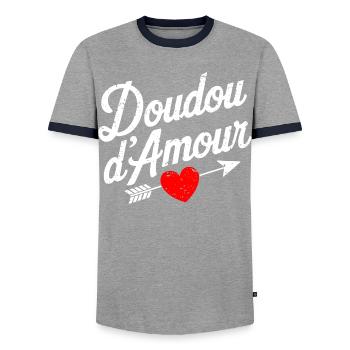 Valentinstags-Liebes-Kuschelzeug-Paar - Männer Kontrast-T-Shirt - Grau/Navy  - Vorne - AI Model Female 172 light (172cm) & AI Model Male 178 light (178cm)
