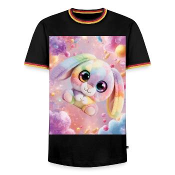 Rainbow cuddly bunny in the magic room - Men's Ringer Shirt - black/tricolour - Front - AI Model Male 178 light (178cm) & AI Model Male 185 light (185cm)
