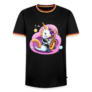 Einhorn Saxophon im Pink Wirbel - Männer Kontrast-T-Shirt - Schwarz/Dreifarbig - Vorne - AI Model Male 178 light (178cm) & AI Model Male 185 light (185cm)