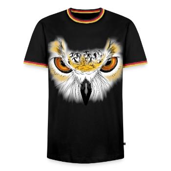 Eulenblick Goldaugen - Männer Kontrast-T-Shirt - Schwarz/Dreifarbig - Vorne - AI Model Male 178 light (178cm) & AI Model Male 185 light (185cm)