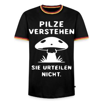 Pilze Verstehen, Urteile Nicht - Männer Kontrast-T-Shirt - Schwarz/Dreifarbig - Vorne - AI Model Male 178 light (178cm) & AI Model Male 185 light (185cm)