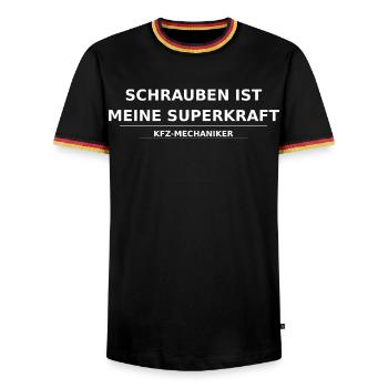 Mécanicien automobile – la tournure est mon super-pouvoir - T-shirt contrasté Homme - noir/tricolore - Devant - AI Model Male 178 light (178cm) & AI Model Male 185 light (185cm)