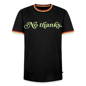 Non merci – Déclaration minimaliste - T-shirt contrasté Homme - noir/tricolore - Devant - AI Model Male 178 light (178cm) & AI Model Male 185 light (185cm)