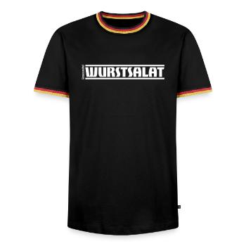 „Genussmittel“ Serie | Wurstsalat - Männer Kontrast-T-Shirt - Schwarz/Dreifarbig - Vorne - AI Model Male 178 light (178cm) & AI Model Male 185 light (185cm)