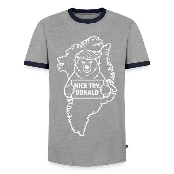 Groenland : Bien essayé, Donald - T-shirt contrasté Homme - gris/marine  - Devant - AI Model Female 172 light (172cm) & AI Model Male 178 light (178cm)