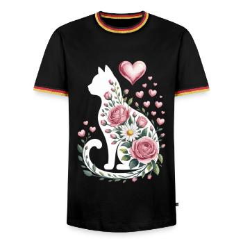 Flower Cat Silhouette Roses Hearts - Men's Ringer Shirt - black/tricolour - Front - AI Model Male 178 light (178cm) & AI Model Male 185 light (185cm)